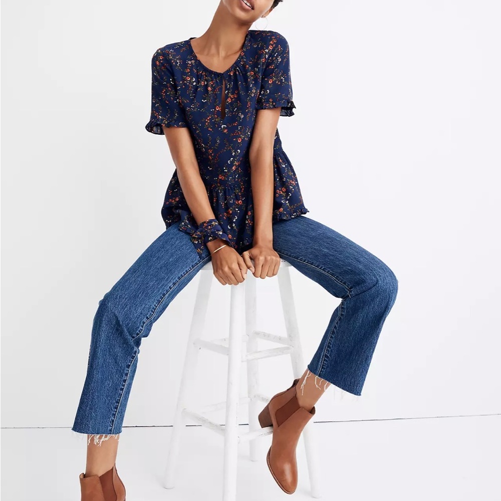 NWT Madewell Silk Stanza Ruffle Hem Top in Moonless Floral